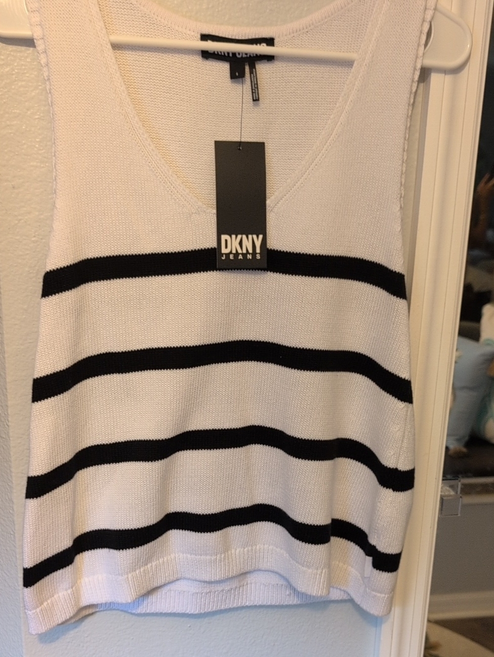 DKNY White Knit Sleeveless Top with Black Label Detail Brand New